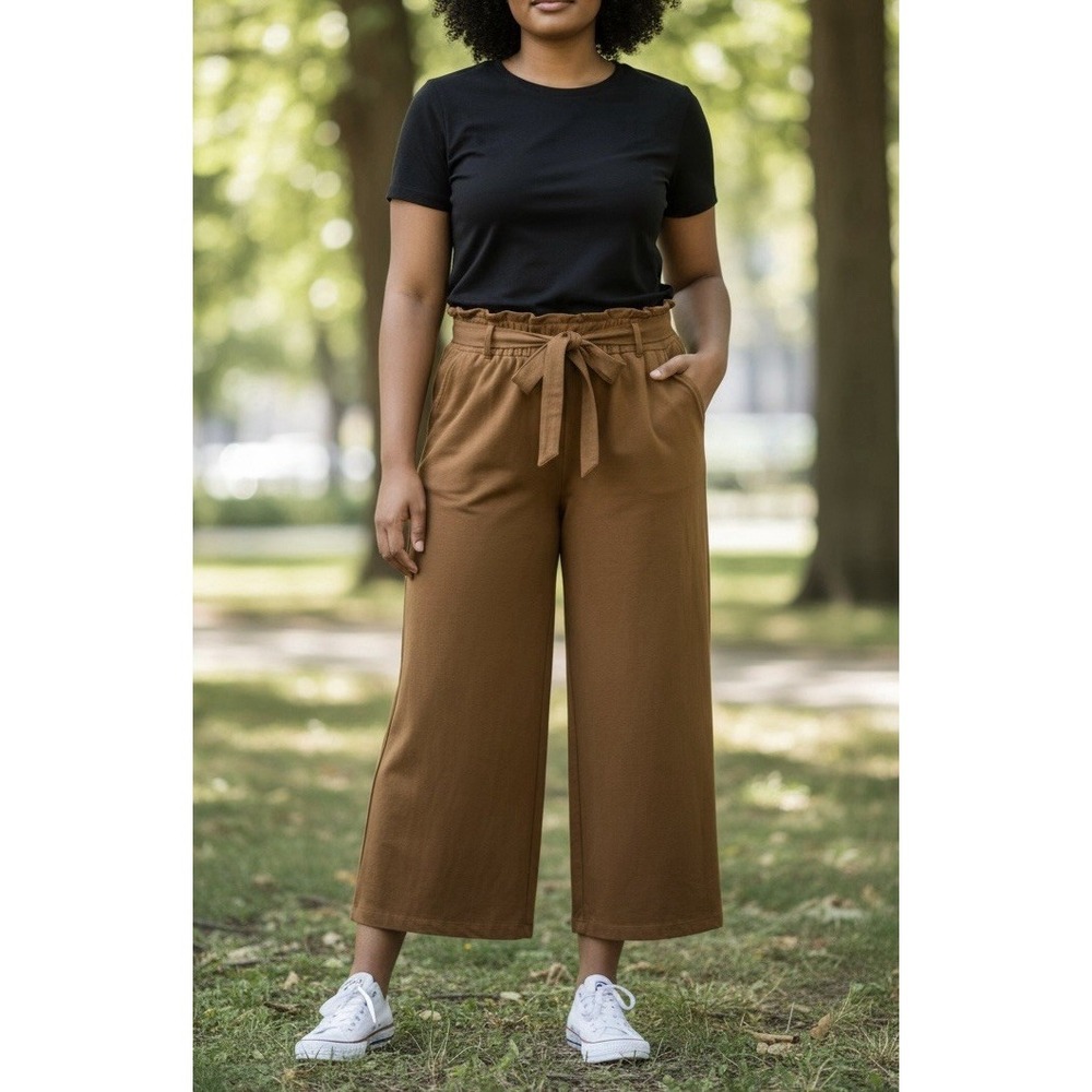Brown Wide leg Tie Waist‎ Cropped Pants Size 1X
